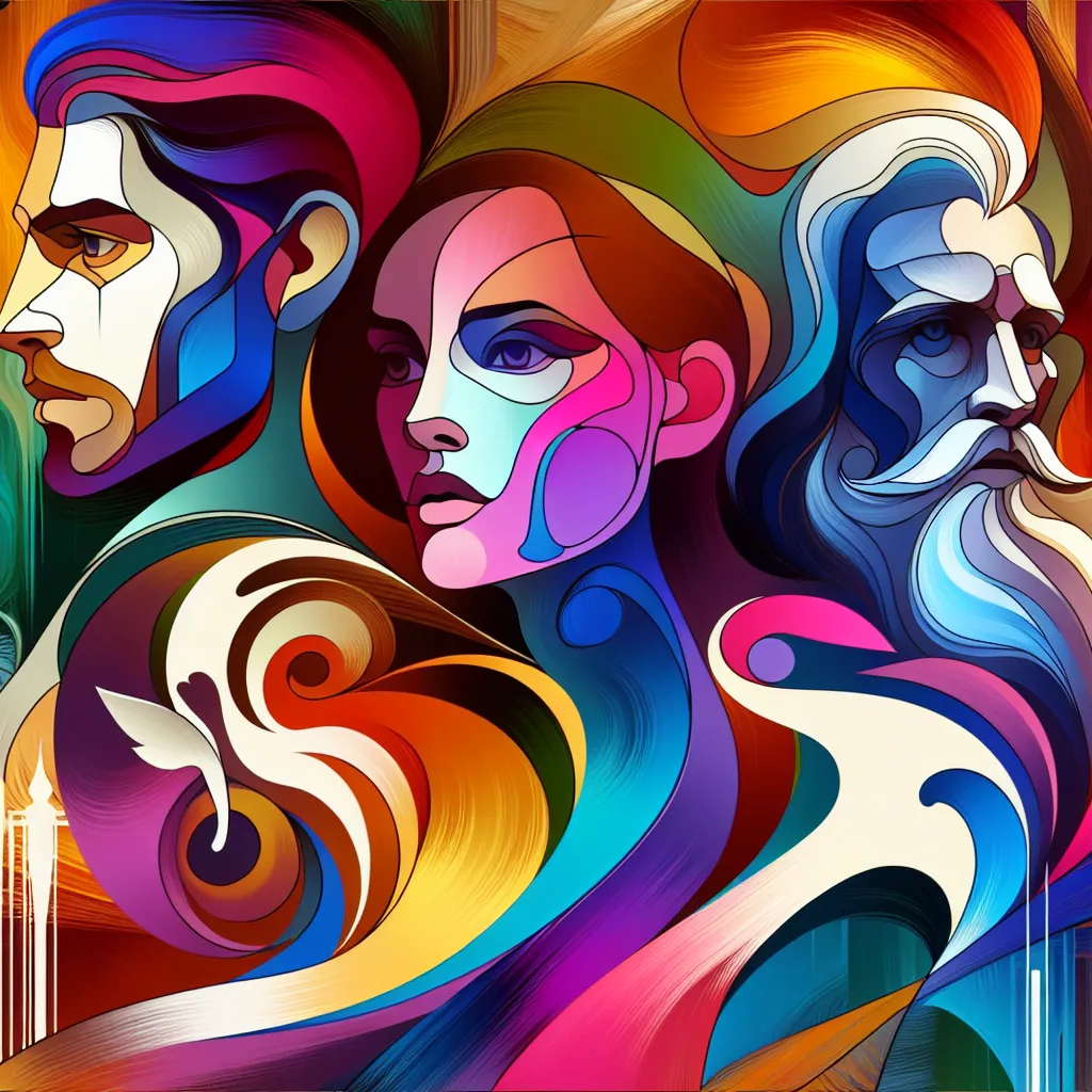 Cuento, Kilian, Henry, Regina, Maldición in an abstract style