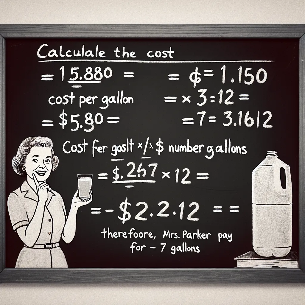 To find out how much Mrs. Parker would pay for 7 gallons of orange juice, first determine the cost per gallon.

1. Calculate the cost per gallon:
   \[
   \text{Cost per gallon} = \frac{\text{Total cost}}{\text{Number of gallons}} = \frac{15.80}{5} = 3.16
   \]

2. Now, multiply the cost per gallon by the number of gallons for 7 gallons:
   \[
   \text{Cost for 7 gallons} = \text{Cost per gallon} \times 7 = 3.16 \times 7 = 22.12
   \]

Therefore, Mrs. Parker would pay **$22.12** for 7 gallons of