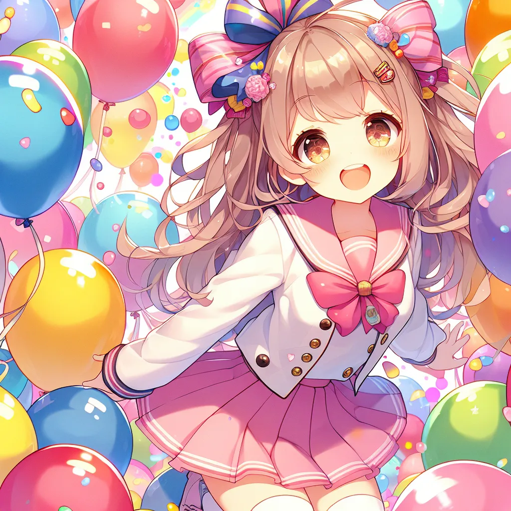 Illustration of a cheerful anime girl surrounded by colorful balloons, depicting a whimsical scenario with no harm and a lighthearted atmosphere.