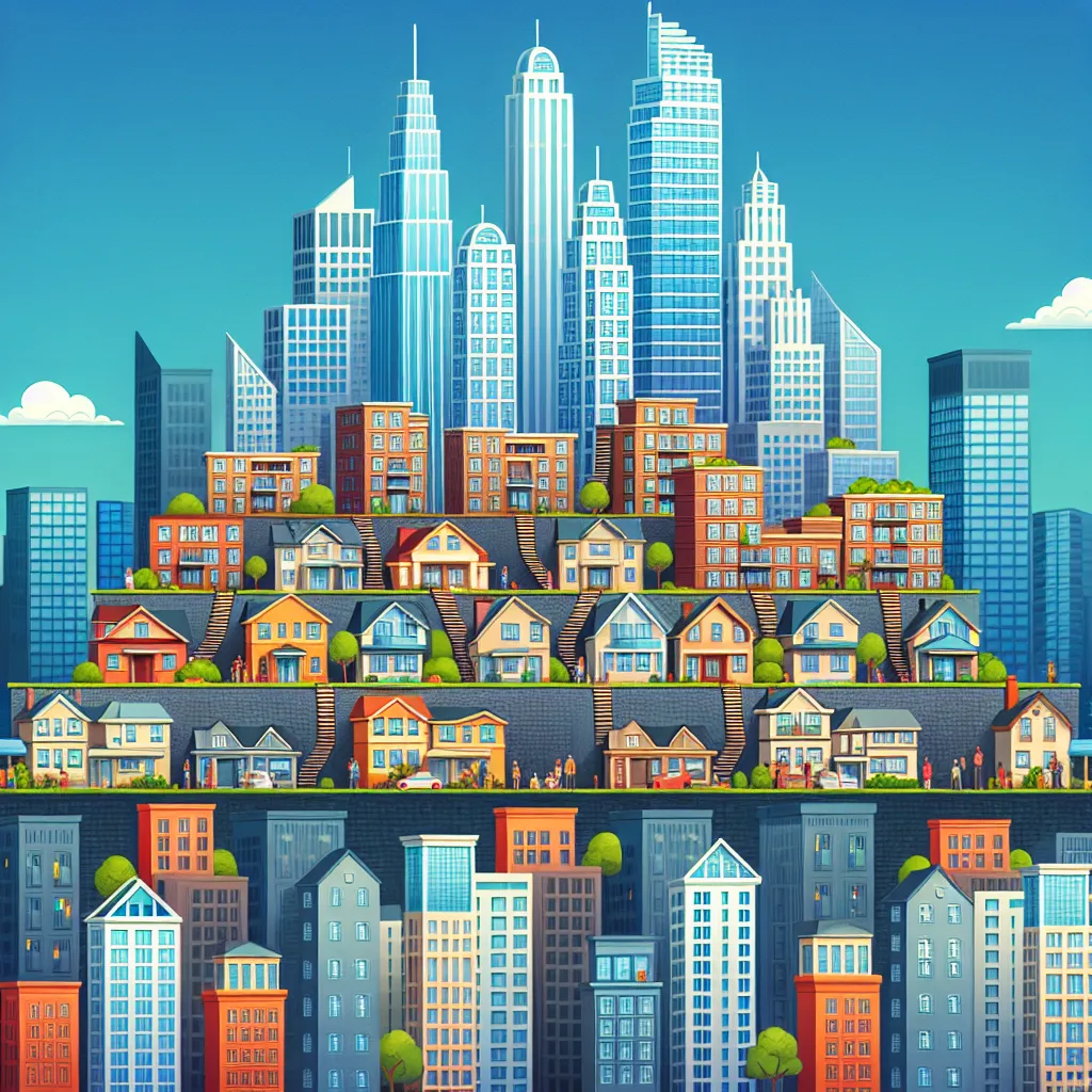 Sure! Here’s a very short description for a hypothetical image related to the topic of social stratification:

**Illustration of a diverse urban skyline symbolizing social stratification: different classes depicted as layers of buildings, with the wealthy in luxury penthouses at the top, middle class in mid-rise apartments, and working class in smaller, older structures at the bottom, showcasing the contrasting lifestyles.**