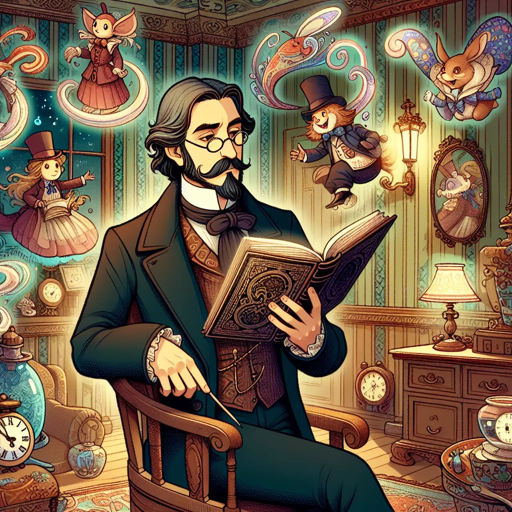 Illustration of a charming Victorian-era scholar with an open book, surrounded by whimsical characters inspired by Lewis Carroll's works.