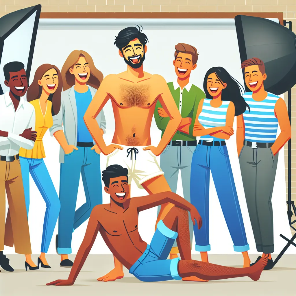 Illustration of a cheerful photoshoot scene with coworkers laughing together, including a man posing playfully in swimwear, in a brightly lit studio.