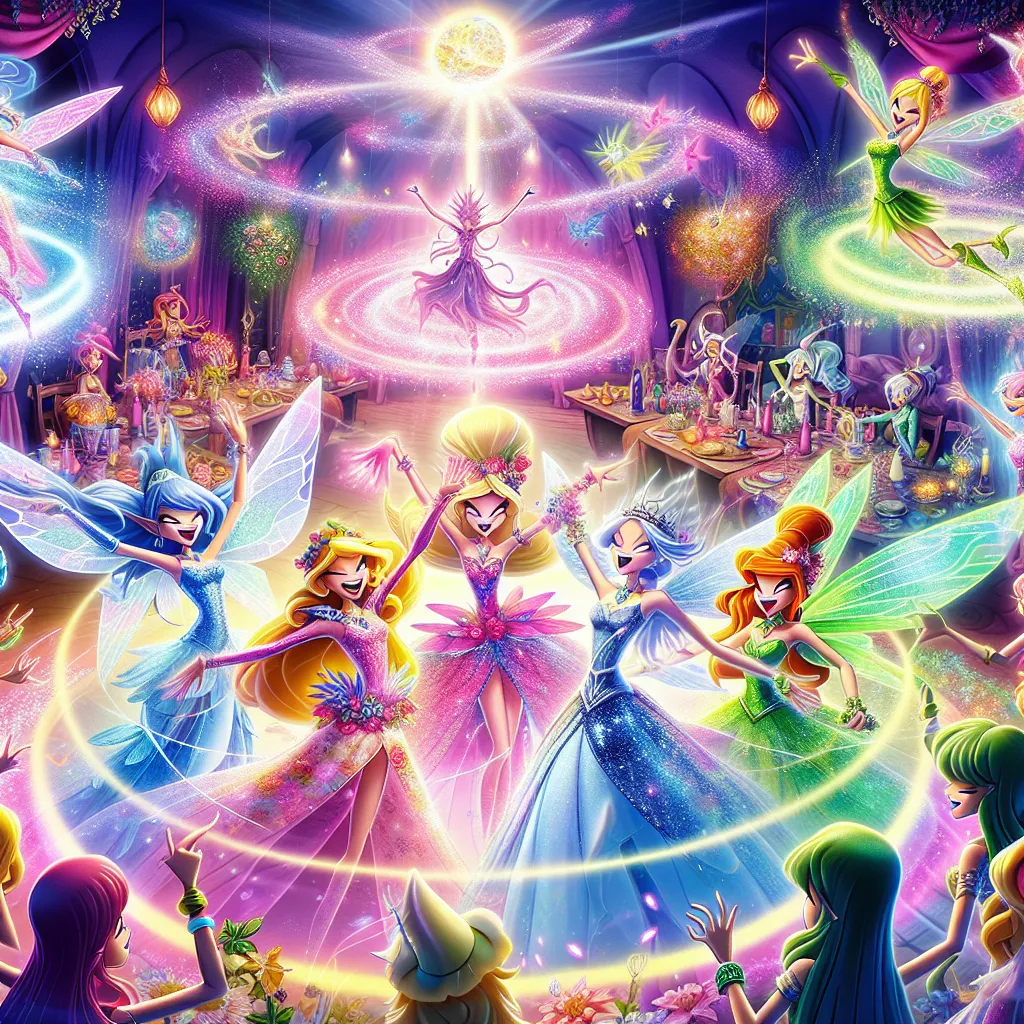 **Image description:** An enchanted scene of the Winx fairies celebrating at a vibrant festival filled with colorful decorations and fairy lights. In the background, the Trix witches are casting dark magic, causing chaos. The fairies, showing various magical powers, are merging together—the colorful energy swirling around them. In the foreground, we see Bloom and Stella combining their powers, surrounded by Flora, Aisha, and Tecna, all displaying their unique abilities. The scene captures both t