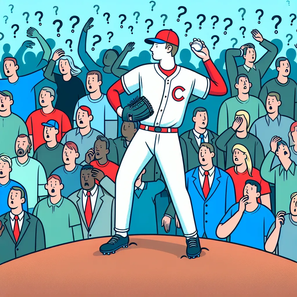 Illustration of a baseball pitcher on a mound, poised to throw an underhand pitch, with a confused crowd in the background and an MLB logo in the corner.