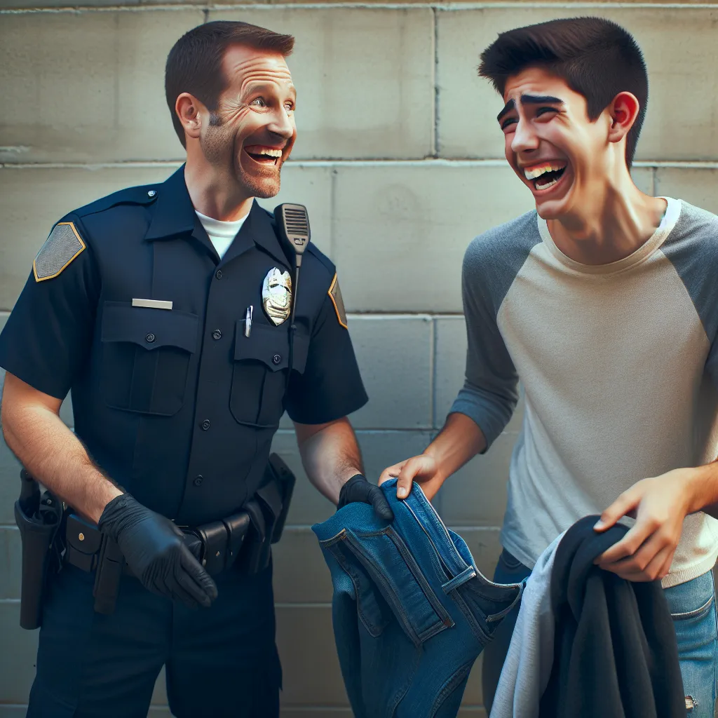 Illustration of a young police officer and a teenager laughing as they swap clothes in a secluded corner, both amused by their identical appearances.