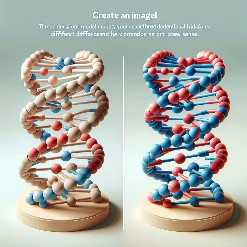 Image of two 3D models showing different DNA conformations highlighting variations in helix diameter and screw sense.