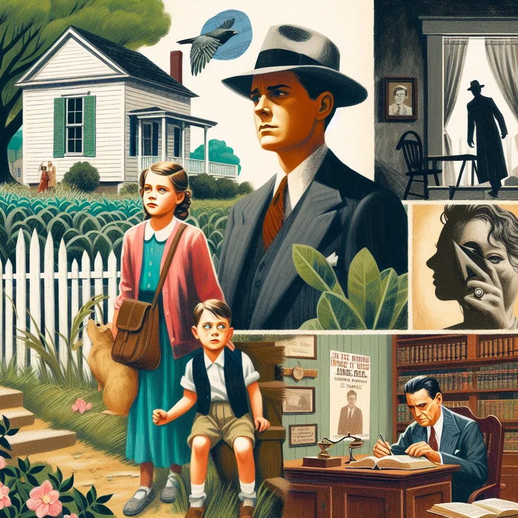 Create a collage featuring key scenes from "To Kill a Mockingbird," including Scout and Jem Finch, Atticus Finch during the trial, Boo Radley peeking from his house, and Tom Robinson in the courtroom, with a backdrop of Maycomb, Alabama.