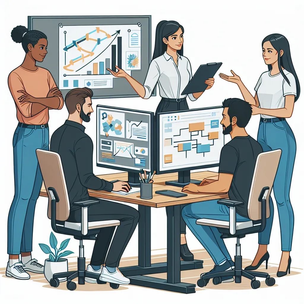 A visual depicting a diverse group of people in an office setting collaborating on ergonomic workstations, highlighting teamwork and shared responsibility.