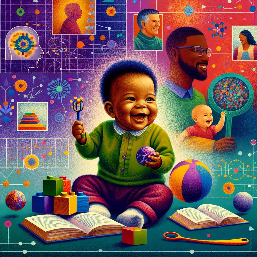 Illustration of a joyful infant interacting with various toys, surrounded by symbols of milestones like language (books), social bonding (parents), and physical growth (measuring tape), with a subtle indication of brain development at different capacities.