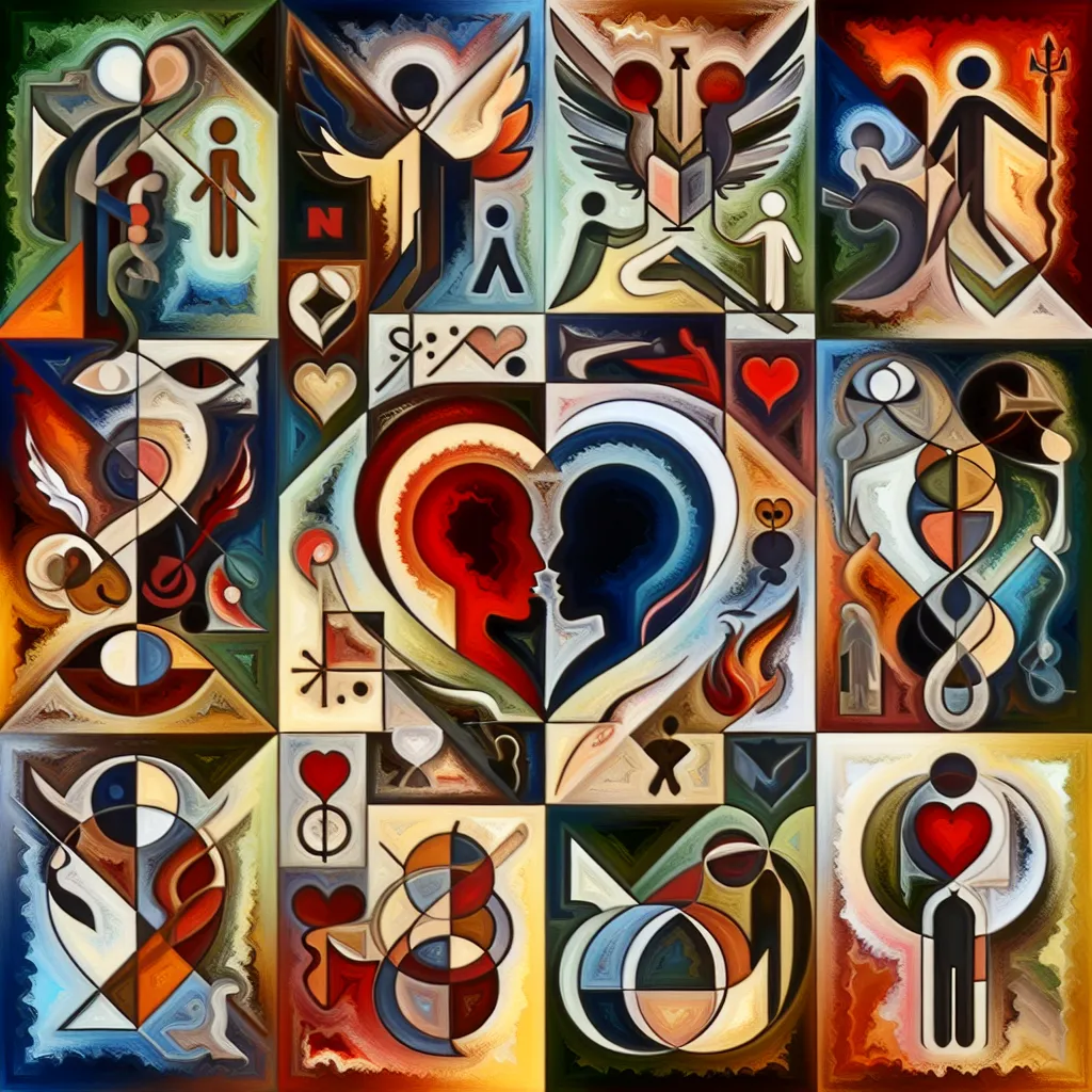 Aurelio, Venganza, Amor, Engaño, Destino in an abstract style