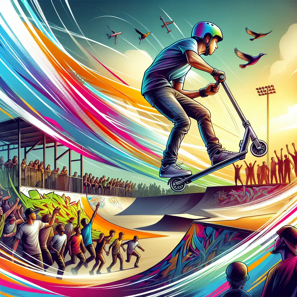 Illustration of a professional scooter rider performing a trick in a vibrant skate park, showcasing dynamic movement and an enthusiastic crowd.