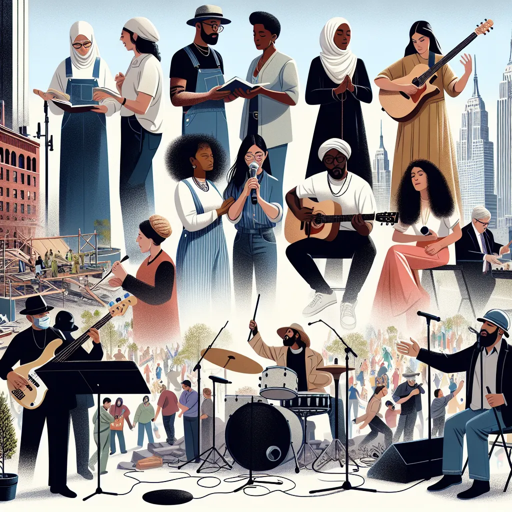 Illustration of New Yorkers working together to rebuild their city with a background scene of a band performing on stage, embodying resilience and hope.