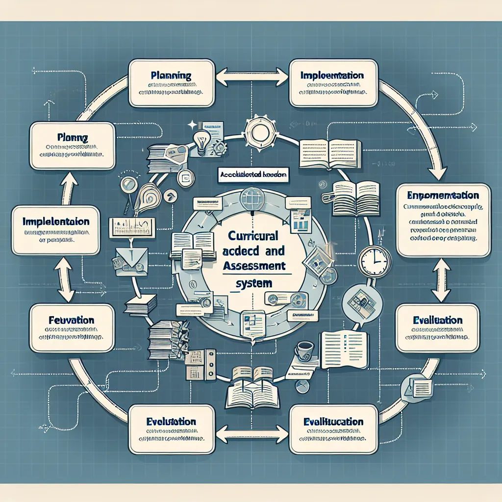Infographic illustrating a curriculum and assessment policy system, featuring key components like planning, implementation, evaluation, and feedback loops, with references from educational resources between 2019 and 2024.