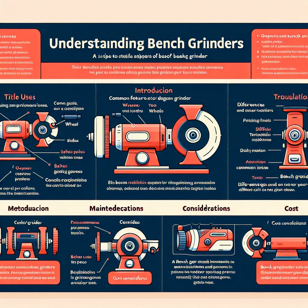 For your Google Slides presentation on a bench grinder, here’s a suggested outline for 15 slides:

1. **Title Slide**
   - Title: "Understanding Bench Grinders"
   - Subtitle: Your Name & Date

2. **Slide 1: Introduction**
   - Overview of what a bench grinder is.

3. **Slide 2: Components of a Bench Grinder**
   - Description of major parts like wheels, motor, and tool rests.

4. **Slide 3: Types of Bench Grinders**
   - Comparison of various types (e.g., single-speed, variable-speed).

5. **Sl