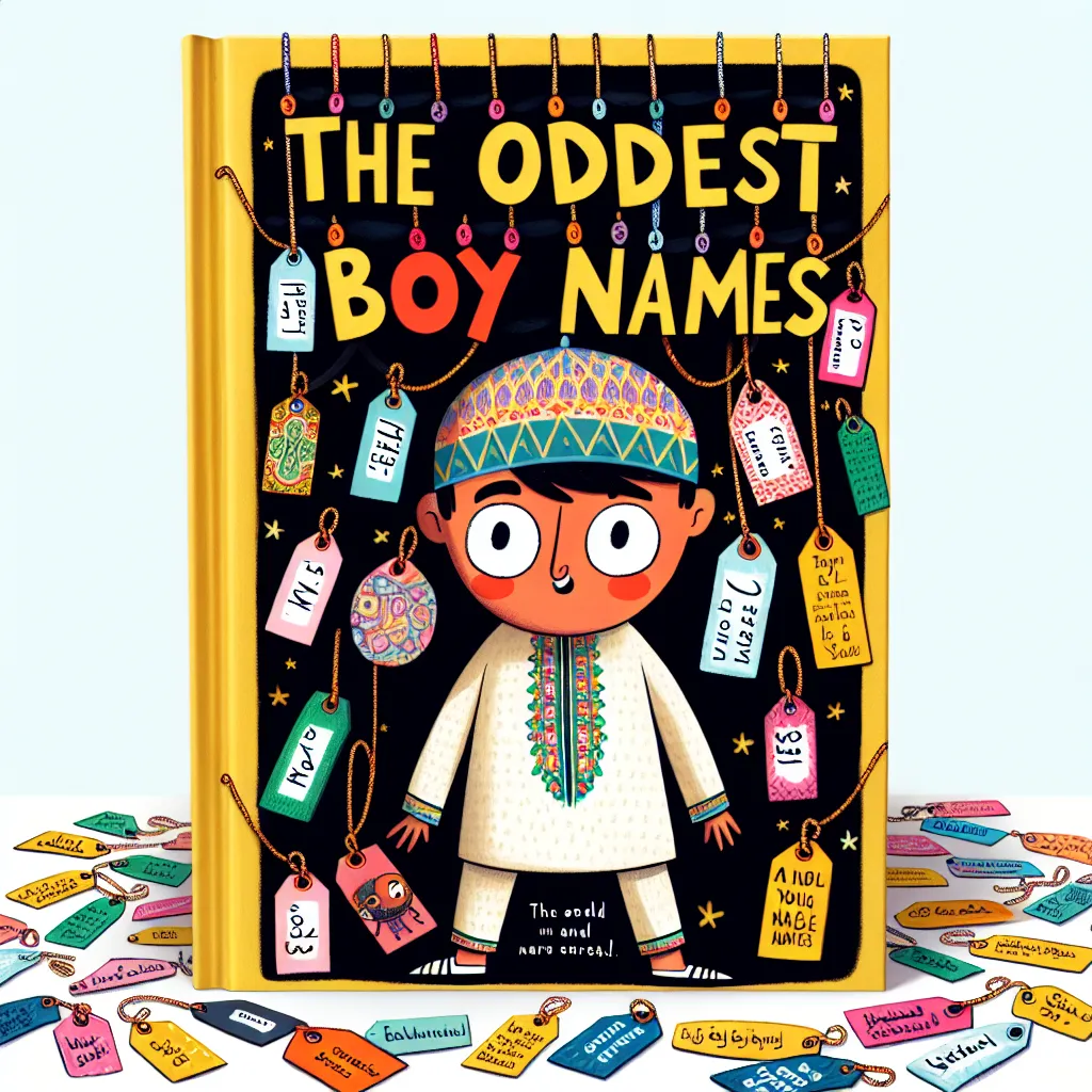 Illustration of a whimsical book cover titled "The Oddest Boy Names," featuring a quirky character with unique name tags.