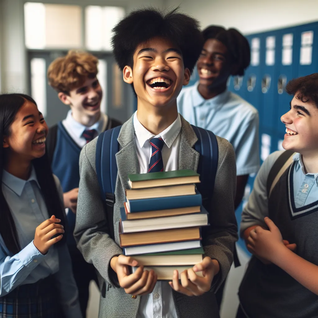 Photo of a teenage boy laughing with friends in a school uniform, carrying a stack of books.