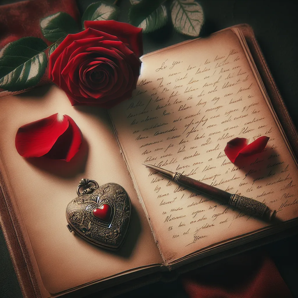 Image of an open notebook with a handwritten love letter, adorned with a heart-shaped locket and a single red rose next to it.