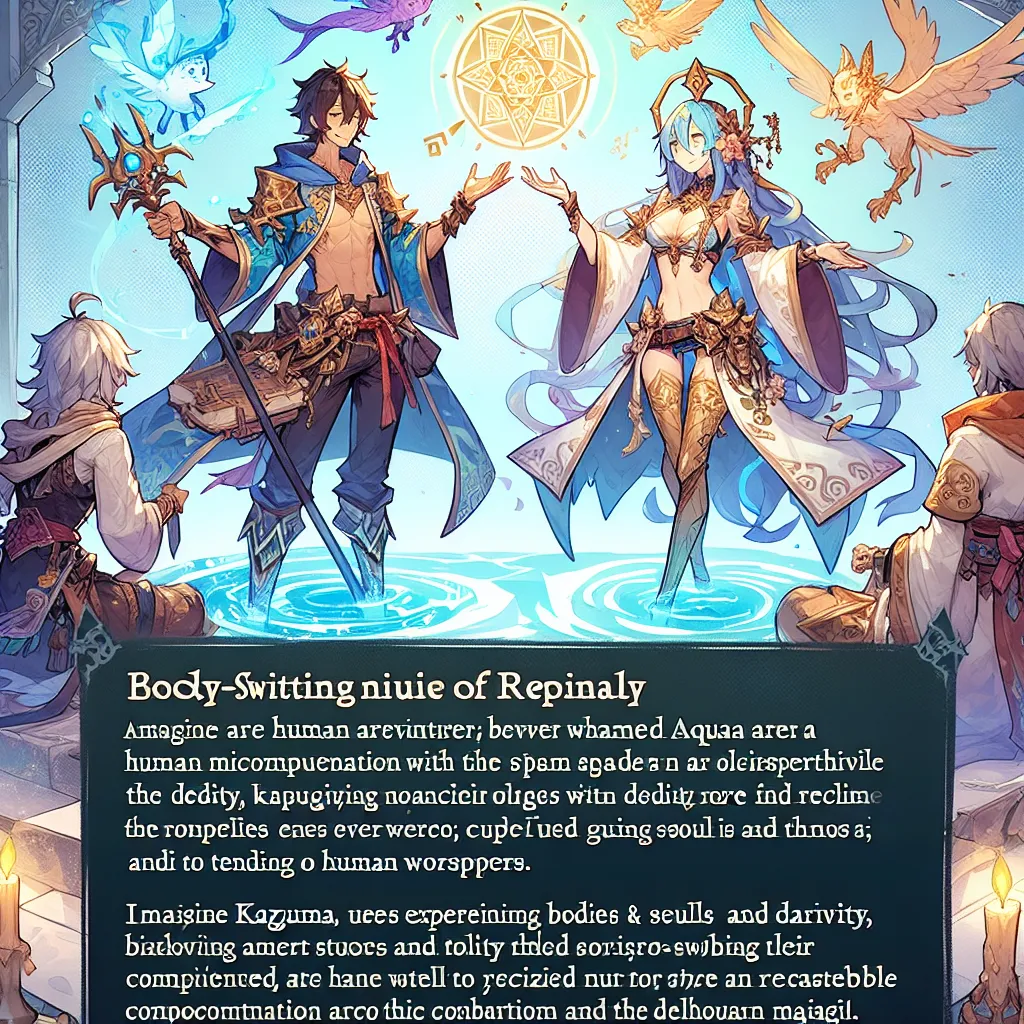 In a whimsical twist of fate, Kazuma finds himself in a bind as he’s thrust into the fantasy world alongside the goddess Aqua. Instead of just bringing her along for the adventure, he hatches a wild plan: what if he could swap bodies with her? 

Kazuma, tired of the typical hero's life and Aqua’s incessant antics, seeks the assistance of an eccentric wizard who specializes in body-switching magic. With a few spells and a lot of miscommunication, they manage to switch places. Kazuma, now in Aqua'