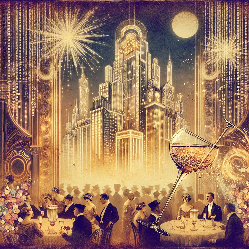 Create an image of a vintage-style book cover featuring an opulent 1920s party scene, with subtle hints of disillusionment, such as a shattered champagne glass and a fading backdrop of a glamorous cityscape.