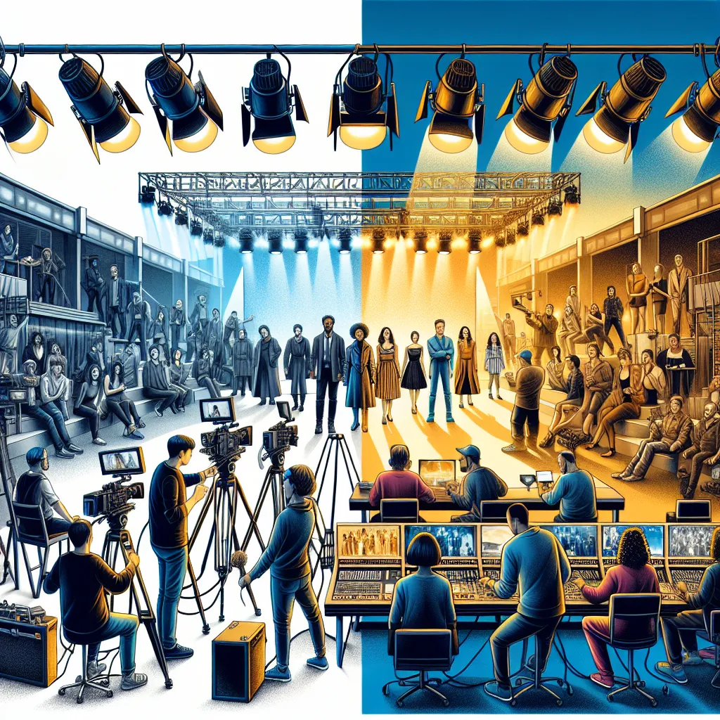 Illustration of a split scene: one side showing a film set with cameras and crew, the other side depicting a television studio with lights and monitors.