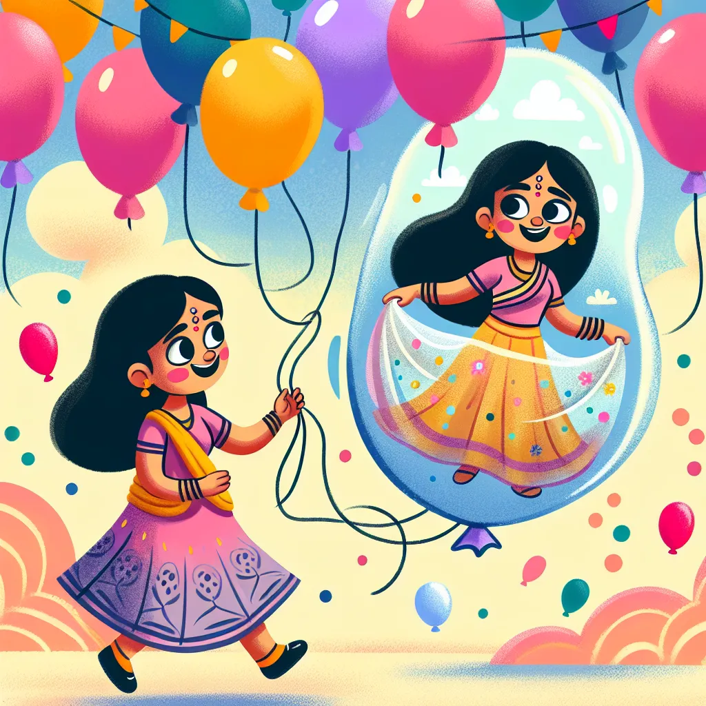 Illustration of a whimsical scene featuring a girl surrounded by colorful balloons, with one balloon resembling her own humanoid shape, floating in a playful, cartoonish background.