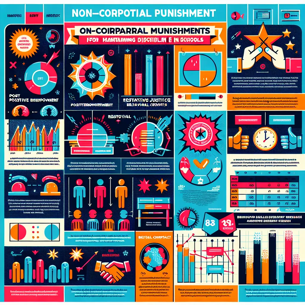 Create an infographic comparing various alternatives to corporal punishment for maintaining discipline in schools, featuring visual elements such as graphs, icons, and a summary of their effectiveness. Include methods like positive reinforcement, restorative justice, and behavioral contracts.