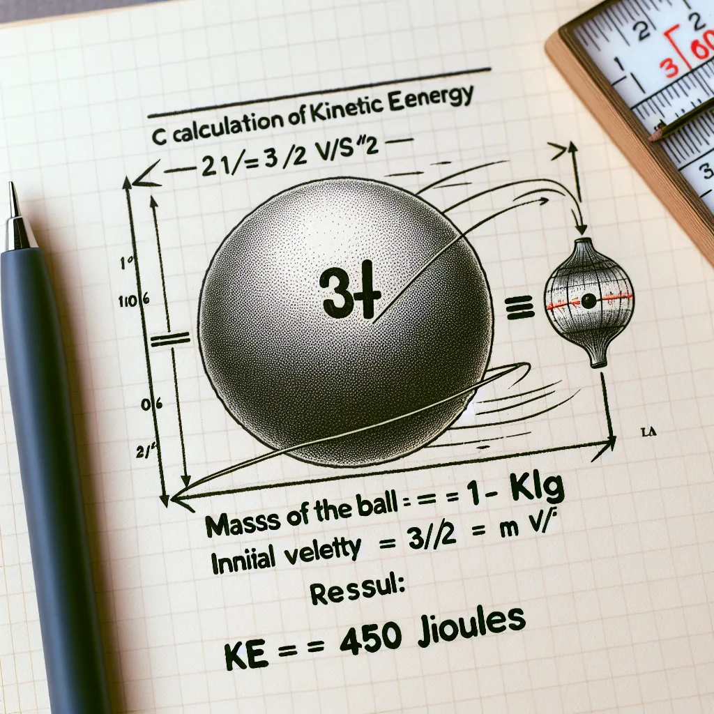 **Given:**
- Mass of the ball (m) = 1 kg
- Initial velocity (v) = 30 m/s

**Required:**
- Kinetic Energy (KE)

**Solution:**
The formula for kinetic energy is:
\[ KE = \frac{1}{2} mv^2 \]

Substituting the values:
\[ KE = \frac{1}{2} \times 1 \, \text{kg} \times (30 \, \text{m/s})^2 \]
\[ KE = \frac{1}{2} \times 1 \times 900 \]
\[ KE = 450 \, \text{Joules} \]

Thus, the kinetic energy of the ball is 450 Joules.