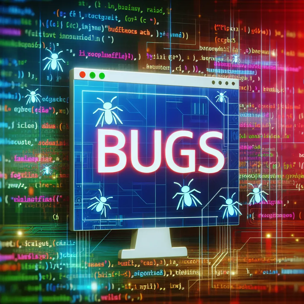 Image of a computer screen displaying the word "bugs" with colorful code in the background.