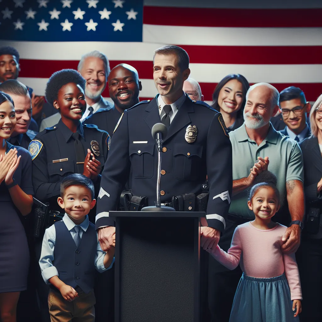 For the hypothetical image illustrating this story, here's a description: 

A police chief stands confidently at a podium, speaking into a microphone while a diverse group of officers, including a female officer holding the hands of two children, appears behind him. The chief's expression is earnest as he emphasizes, "We are your friends, the police are your friends." The female officer adds, "If not us, who will protect you?" The scene captures a moment of unity, with smiling officers represent