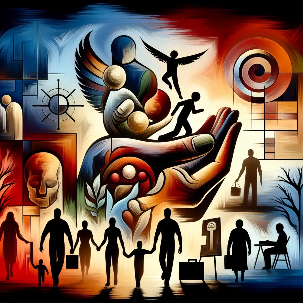 Rodrigo, Historia, Dolor, Redención, Familias in an abstract style