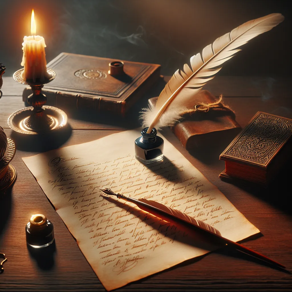 An illustration of a thoughtfully written letter on a wooden desk, with a quill pen and an inkpot, surrounded by warm candlelight.