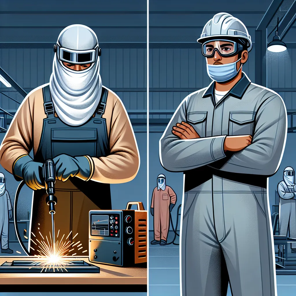 Illustration of a welder wearing full personal protective equipment and an observer wearing safety goggles and a helmet, highlighting the need for safety for everyone involved.