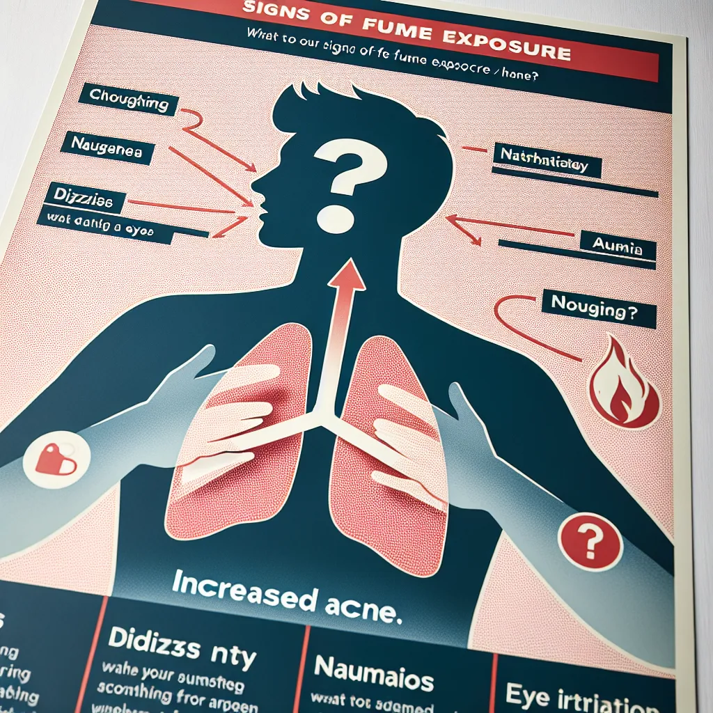 Illustration of a medical chart highlighting the symptoms of fume exposure, with a question mark over "Increased acne" to indicate it's not associated.