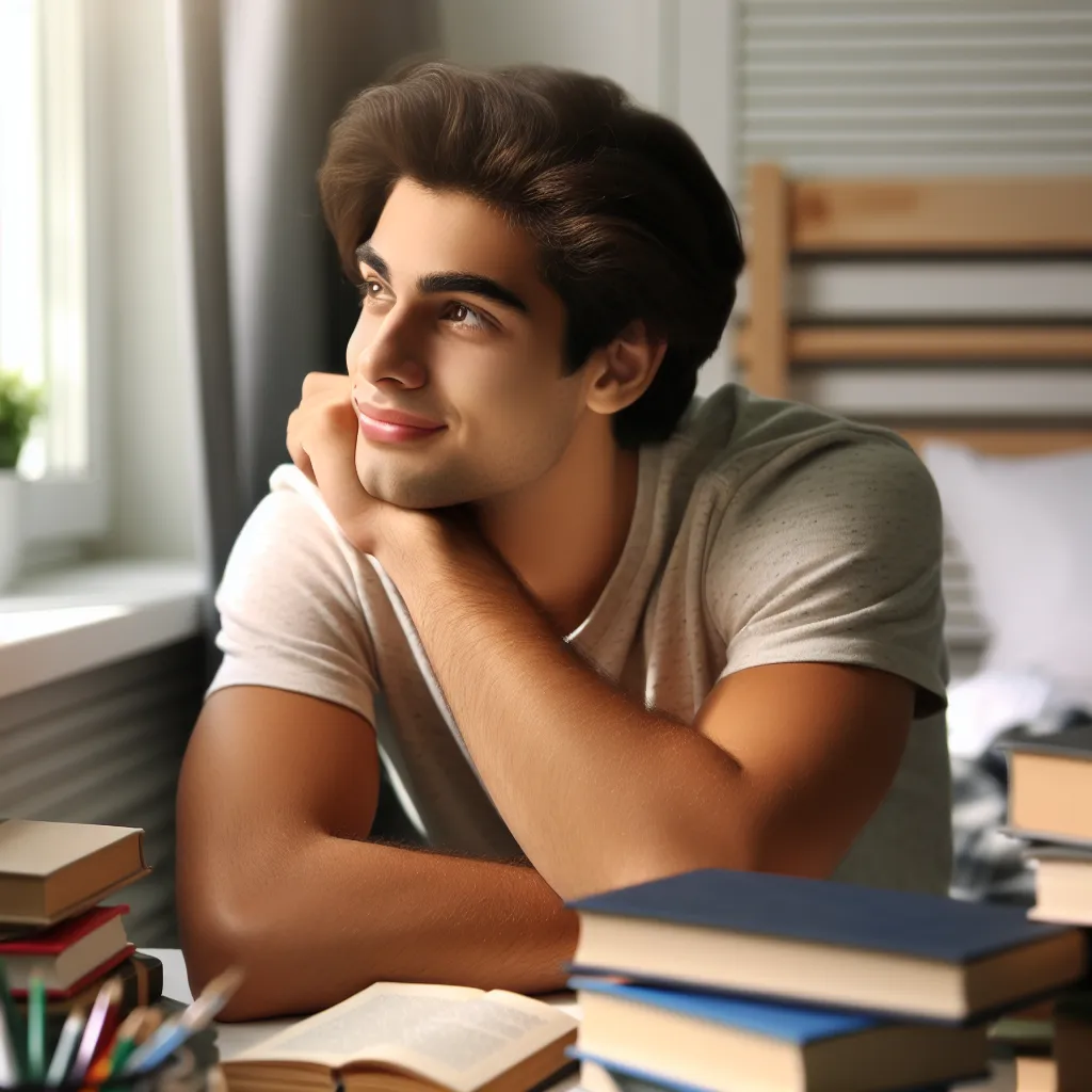 Imagen de un joven tímido y de buen corazón sentado en su habitación, rodeado de libros, mientras mira por una ventana pequeña, soñando con un futuro mejor.