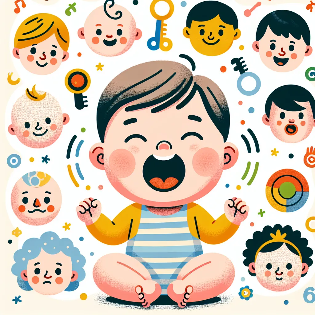 Illustration of a happy 3-6 month old infant engaging in activities like babbling and laughing, set against a backdrop of recognizable faces and toys to emphasize cognitive milestones.