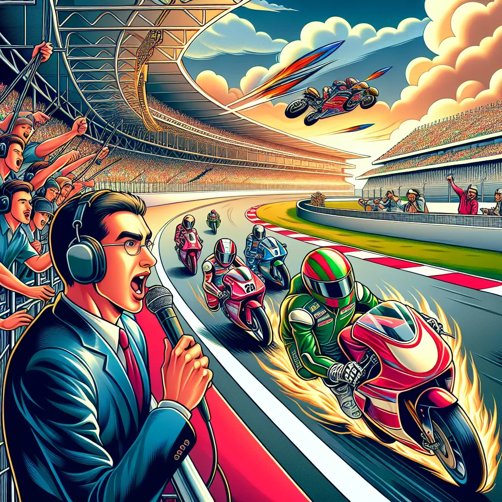 Create an illustration of a thrilling race scene in 2003 at Stadionton, featuring various motorcycle racers from that year. Include riders in action, racing on a vibrant track with a pit stop area bustling with activity. Capture the excitement of the final race, highlighting the tension and aspirations of the competitors, and a commentator enthusiastically narrating the dramatic moments of the event.