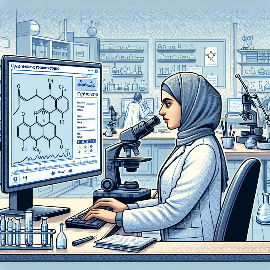 Illustration of a scientist analyzing infrared spectroscopy results for cyclohexane displayed on a monitor in a lab setting.