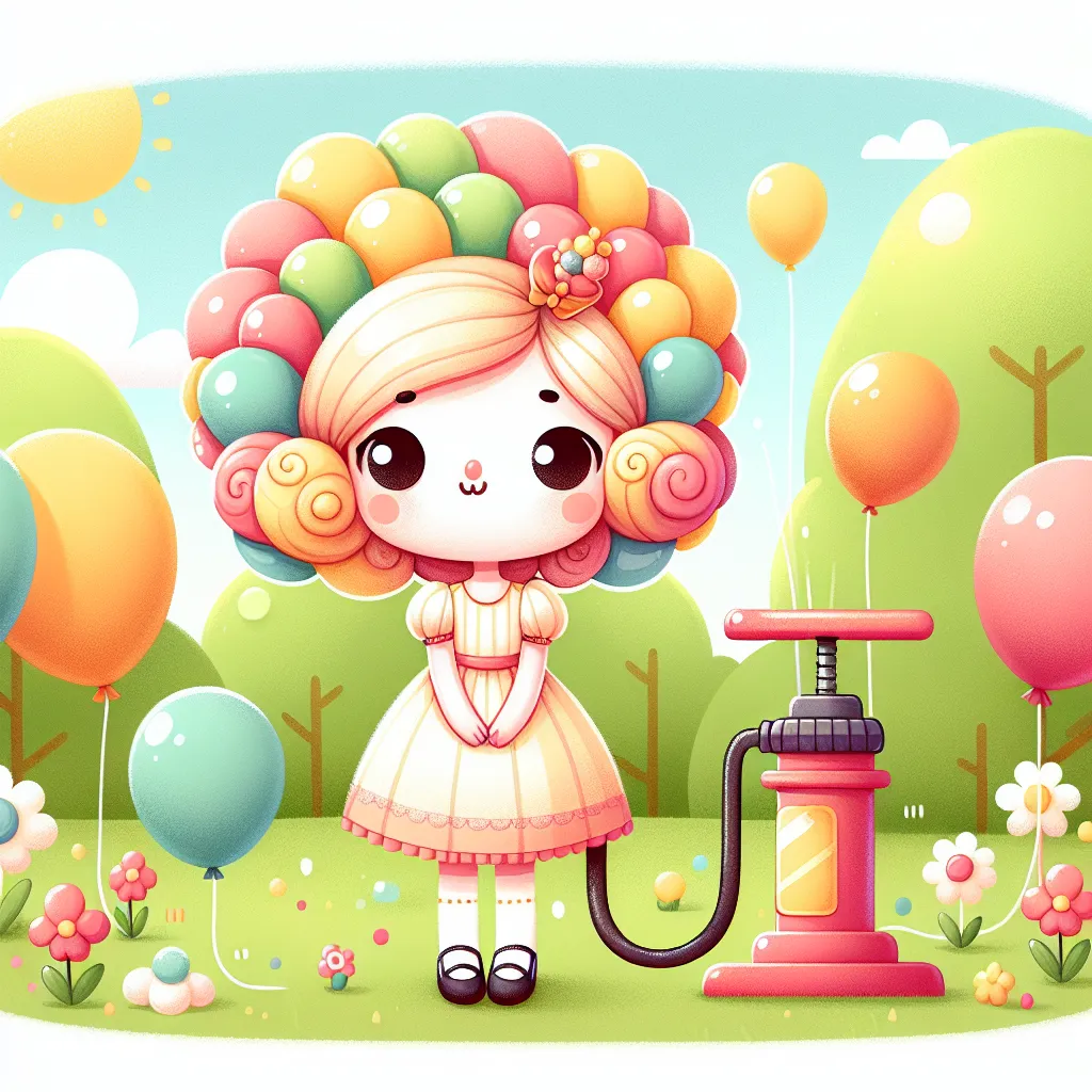 Illustration of a whimsical girl with a playful expression, standing in a sunny park with a balloon-like appearance, surrounded by colorful balloons and a pump beside her.