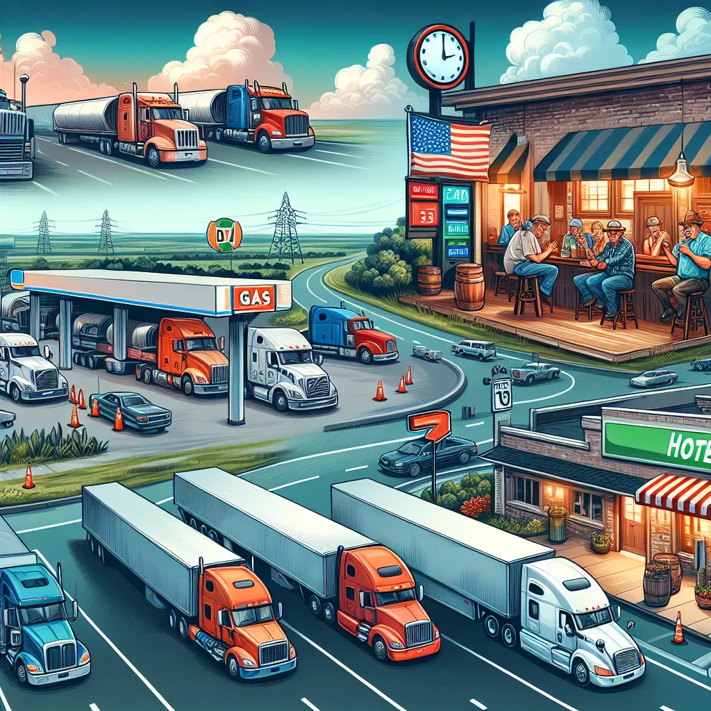 Illustration of a bustling truck stop scene featuring a large refueling station with numerous trucks parked, a nearby gas station, a cozy bar with truckers mingling, and a welcoming hotel for travelers. The setting conveys a sense of community and rest for weary truckers.