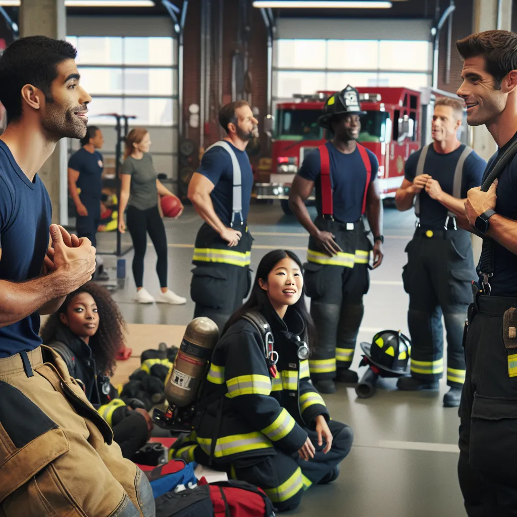 **Image Description:** A bustling Los Angeles Fire Department station, with firefighters preparing for their day. In the foreground, a group of firefighters engage in brief conversations while checking equipment. A girlfriend waits nearby, displaying a supportive smile. In the background, other firefighters can be seen in the gym area, lifting weights and exercising. The atmosphere is lively and focused, capturing the camaraderie and routine of their demanding profession.