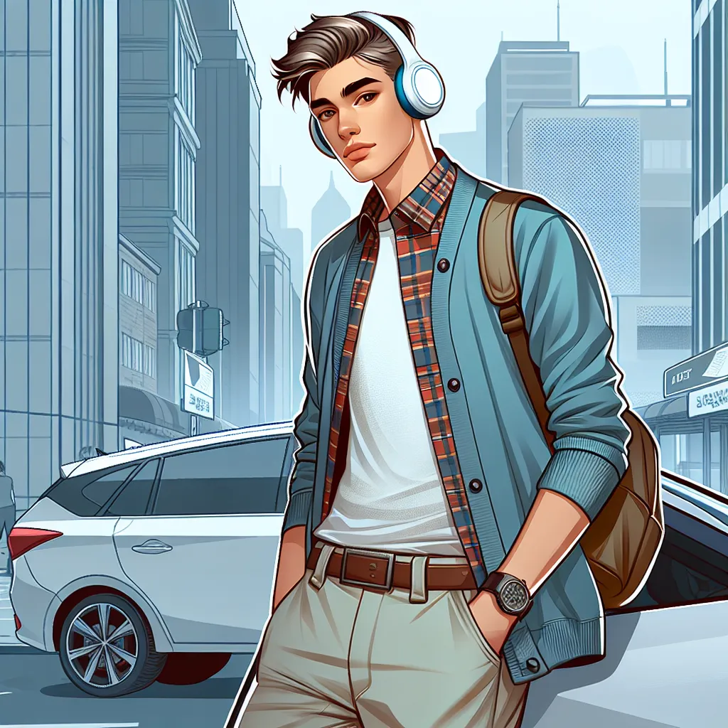 Illustration of a young man with relaxed clothing, sporting headphones, and leaning against a car while using casual slang and showcasing a distinct accent in an urban setting.