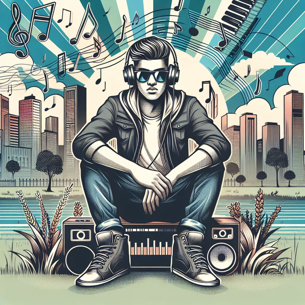 Illustration of a cool young man with stylish sunglasses and headphones, sitting in a cityscape, surrounded by musical notes and rhythm bars, embodying the vibe of a rap artist.