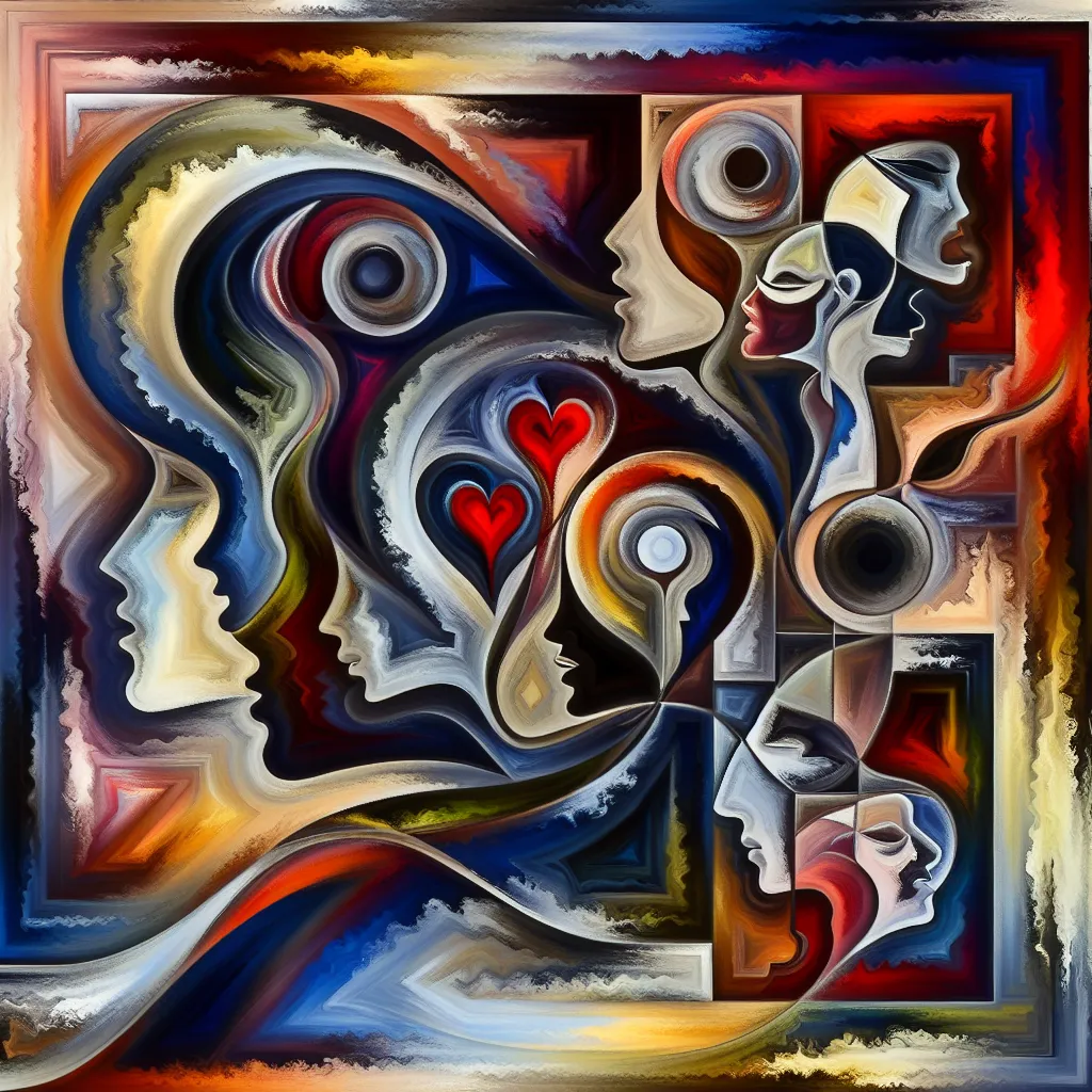 Aurelio, Venganza, Amor, Engaño, Pasión in an abstract style