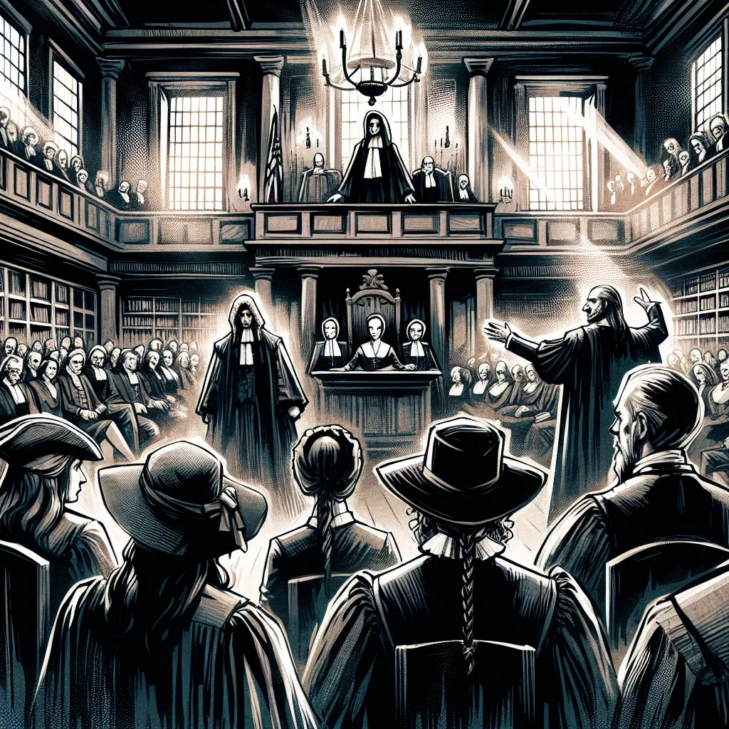 Illustration of a dramatic scene from "The Crucible" featuring a courtroom with characters in historical attire, reflecting tension and the themes of power and accusation during the Salem witch trials.