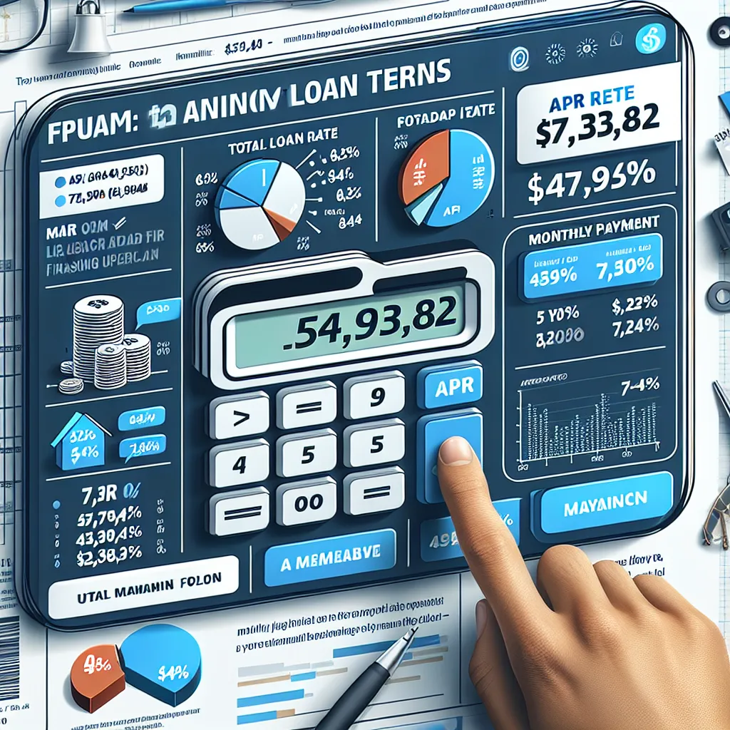 Infographic showing a calculator with loan terms, including an APR of 6.24%, total amount of $47,935.82, and a breakdown of monthly payments for 5 and 7-year financing options.