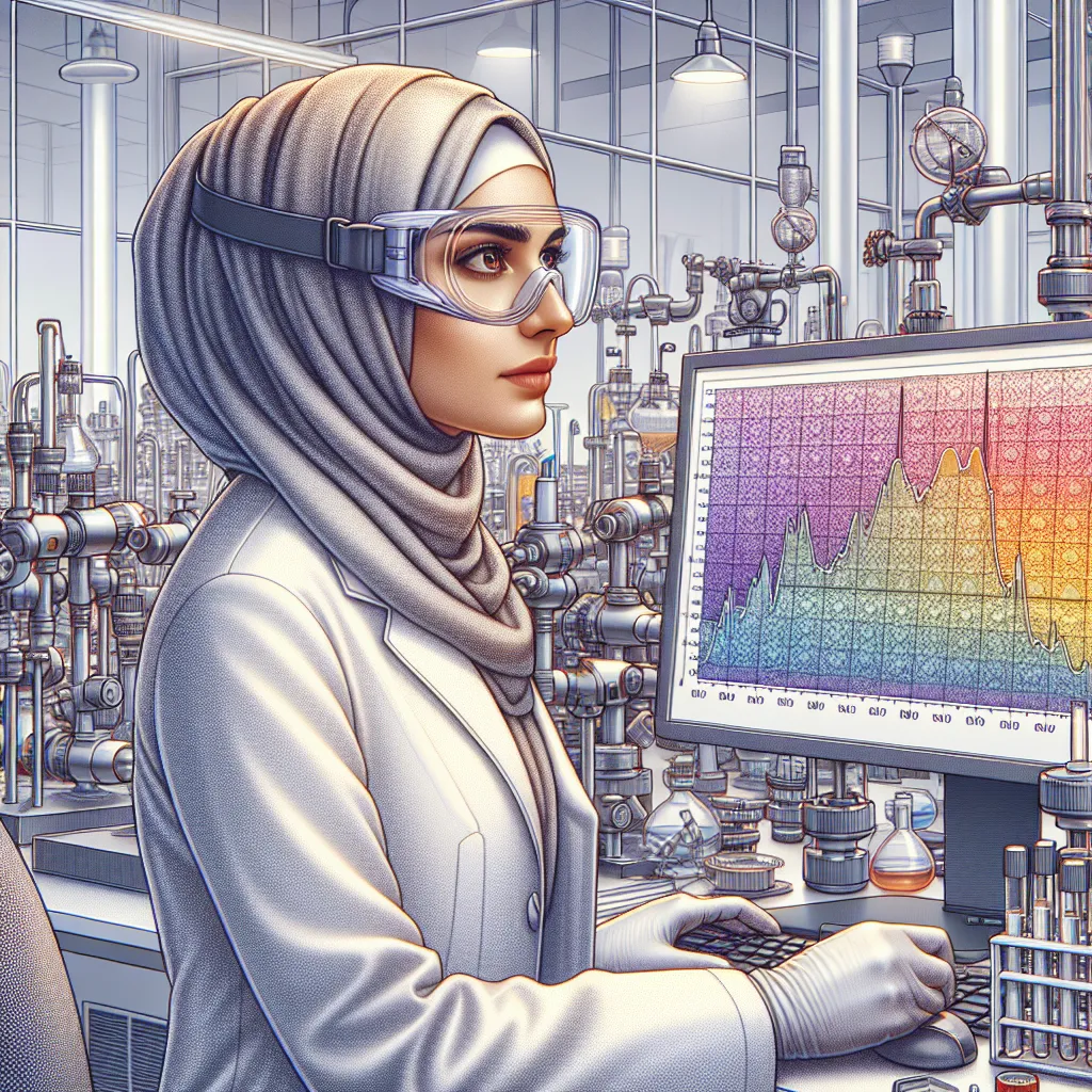 Illustration of a scientist analyzing the infrared spectrum of methyl acetate on a computer screen in a laboratory.