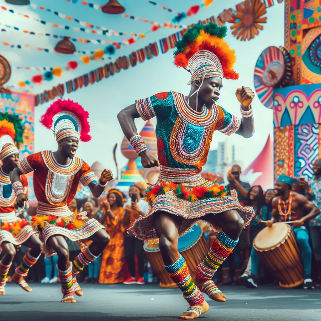 Image of traditional African dancers in vibrant costumes performing at a cultural festival.
