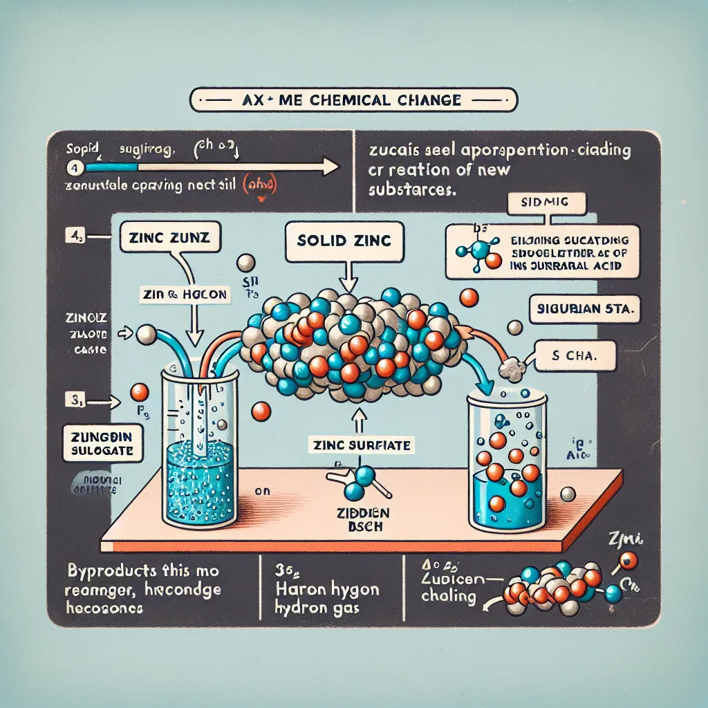 This is an example of a chemical change. The reaction between solid zinc and sulfuric acid produces new substances (zinc sulfate and hydrogen gas), indicating a transformation at the molecular level.