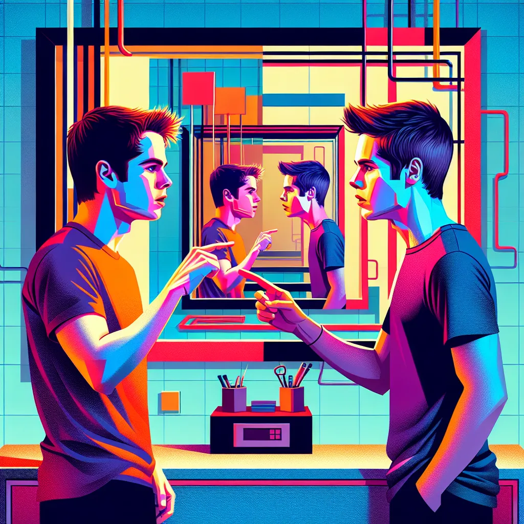 Imagen conceptual de Stiles y Jackson mirándose en un espejo mágico con sus reflejos intercambiados, ilustrando el momento del intercambio de cuerpos en un estilo artístico moderno.