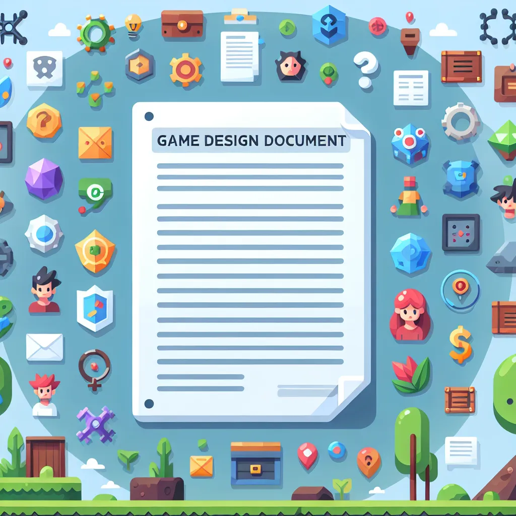 Illustration of a document titled "Game Design Document" surrounded by icons representing game development elements like characters, environments, and mechanics.